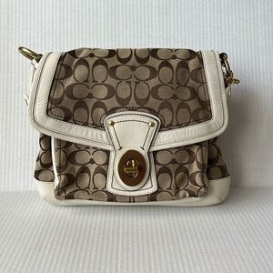 Coach Brown and White signature Shoulder Bag with gold hardware